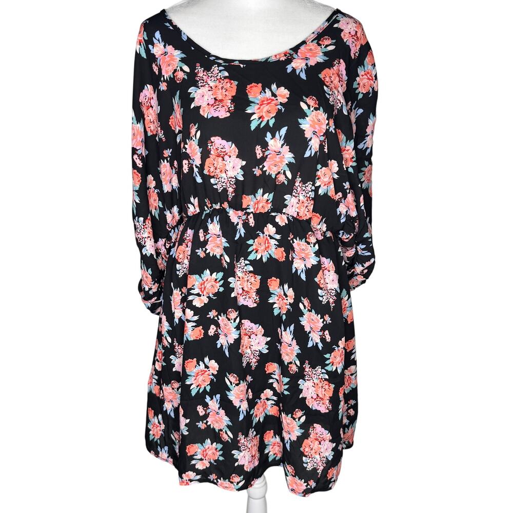 Charlotte Russe Black Peach Floral Short Sleeve Boho Dress M